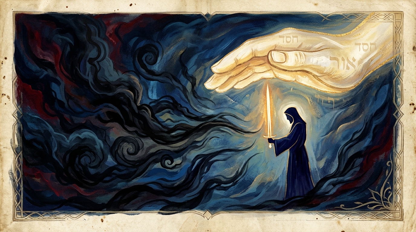 A righteous figure standing against shadow, covered by a vast hand