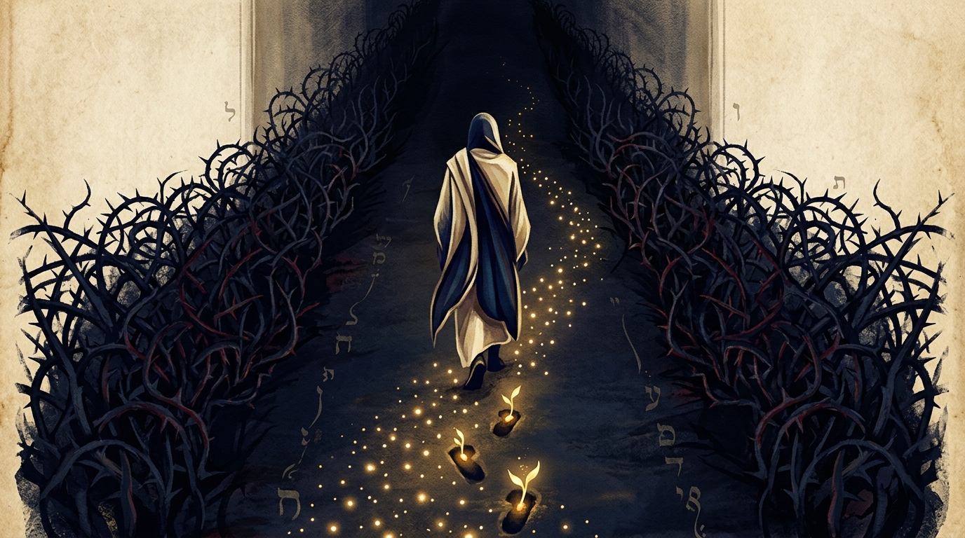 A figure walking a dark path, each footstep planting a seed of light