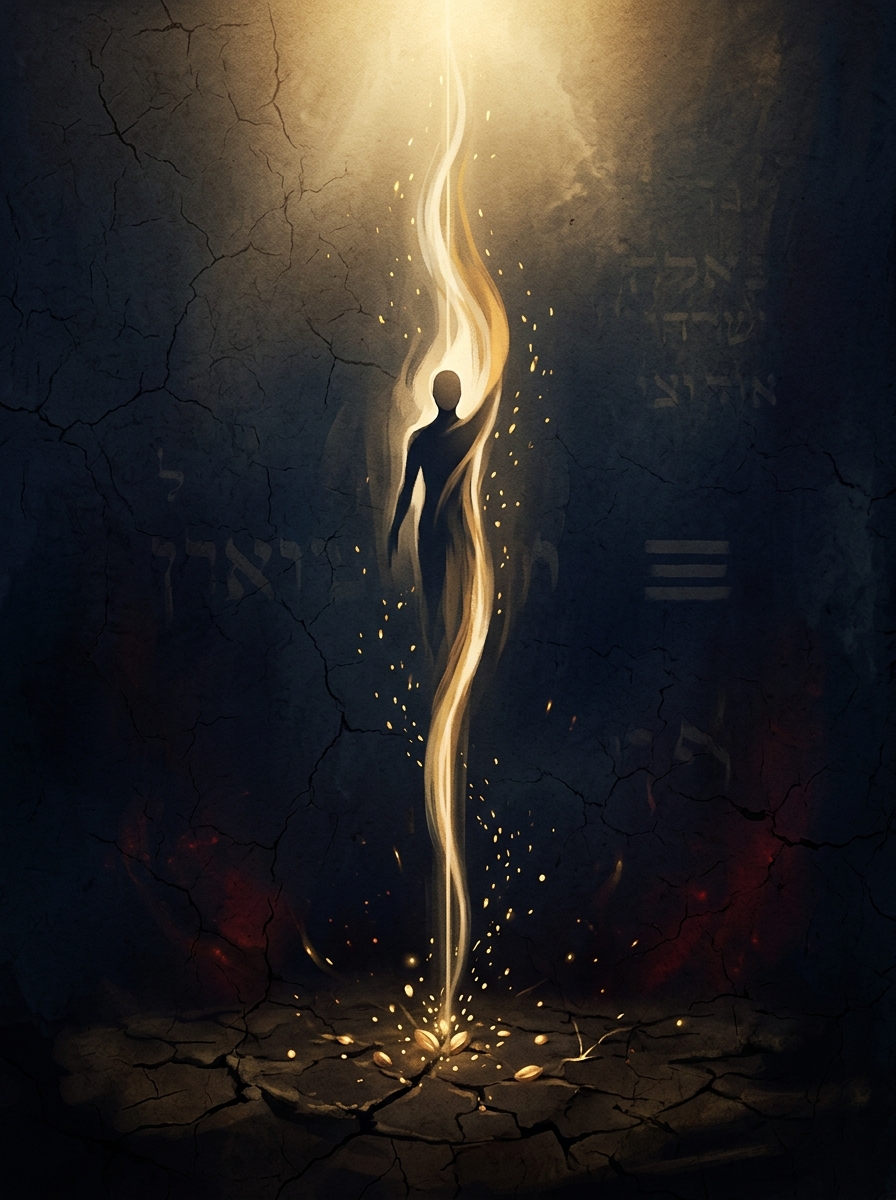 A figure becoming a vertical column of light rising from seeded soil to opening heaven
